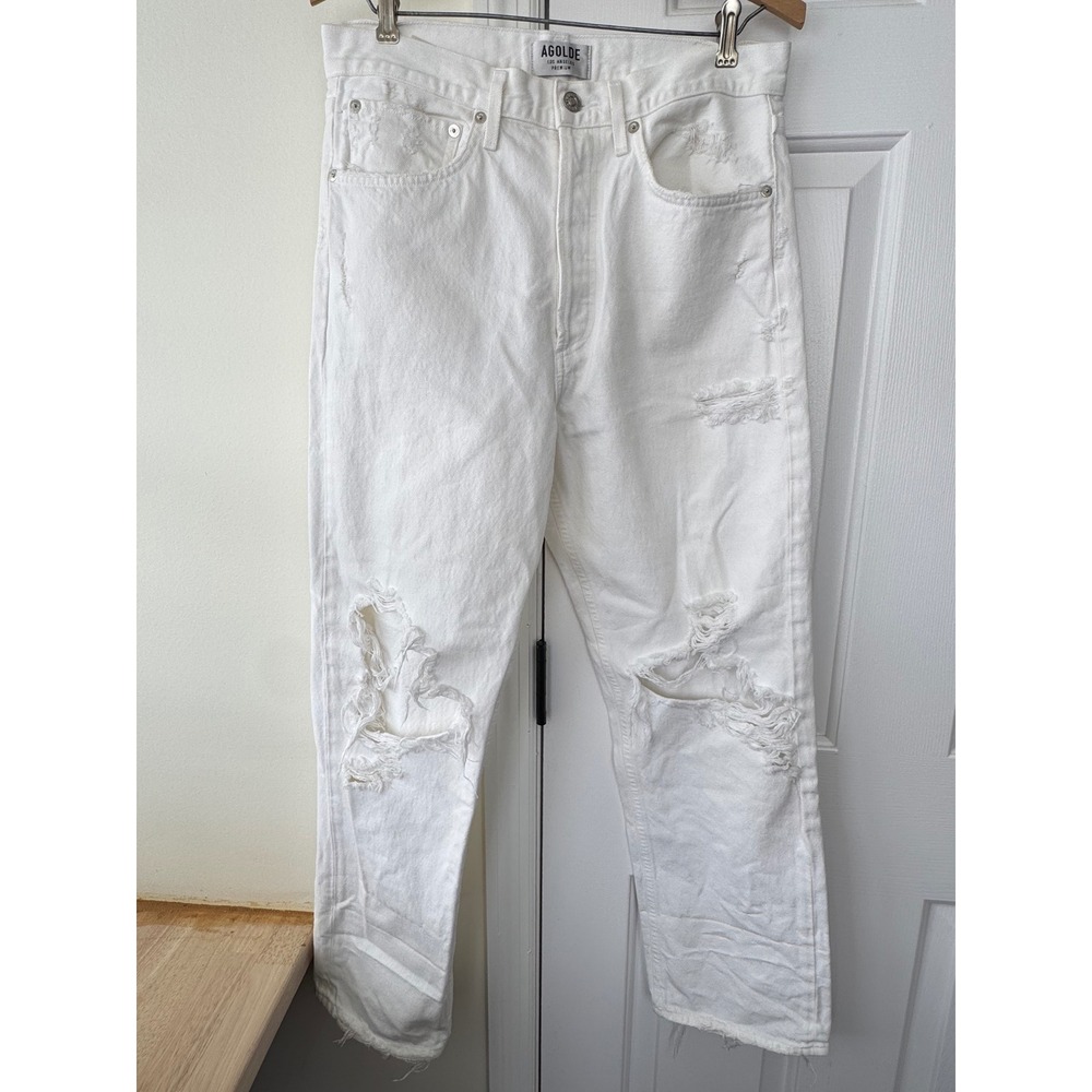 AGOLDE Womens White High Rise Distressed Straight Leg Jeans Size 28